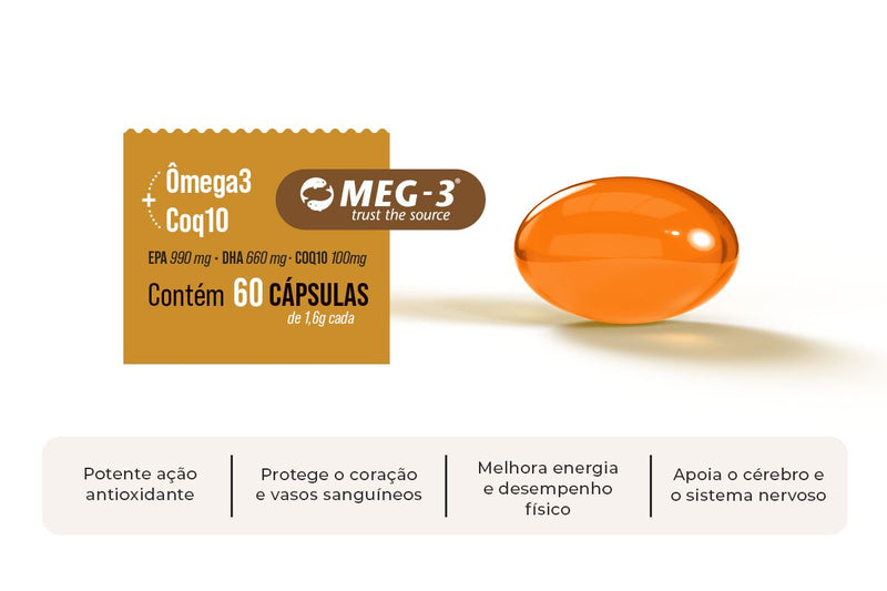 Cápsula de ômega 3 com CoQ10 em embalagem de 60 unidades