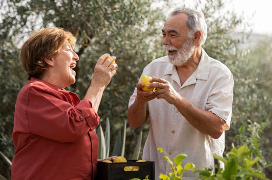 Casal sorridente colhendo limões no pomar