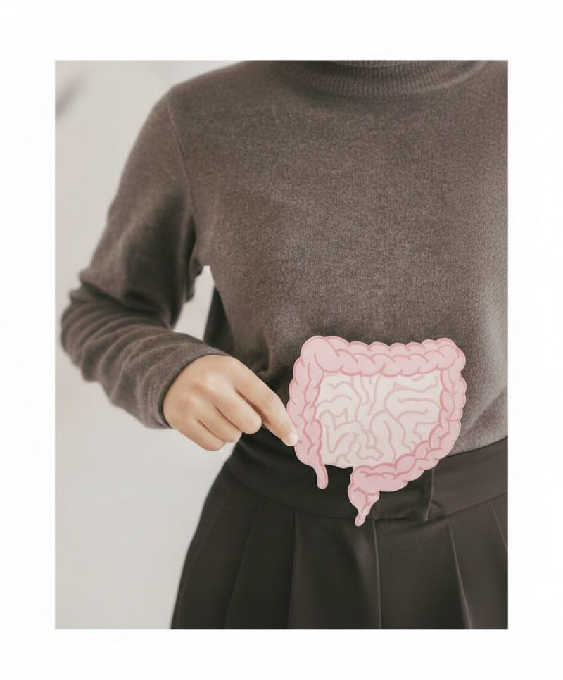 Pessoa com modelo de intestino - disbiose intestinal e energia
