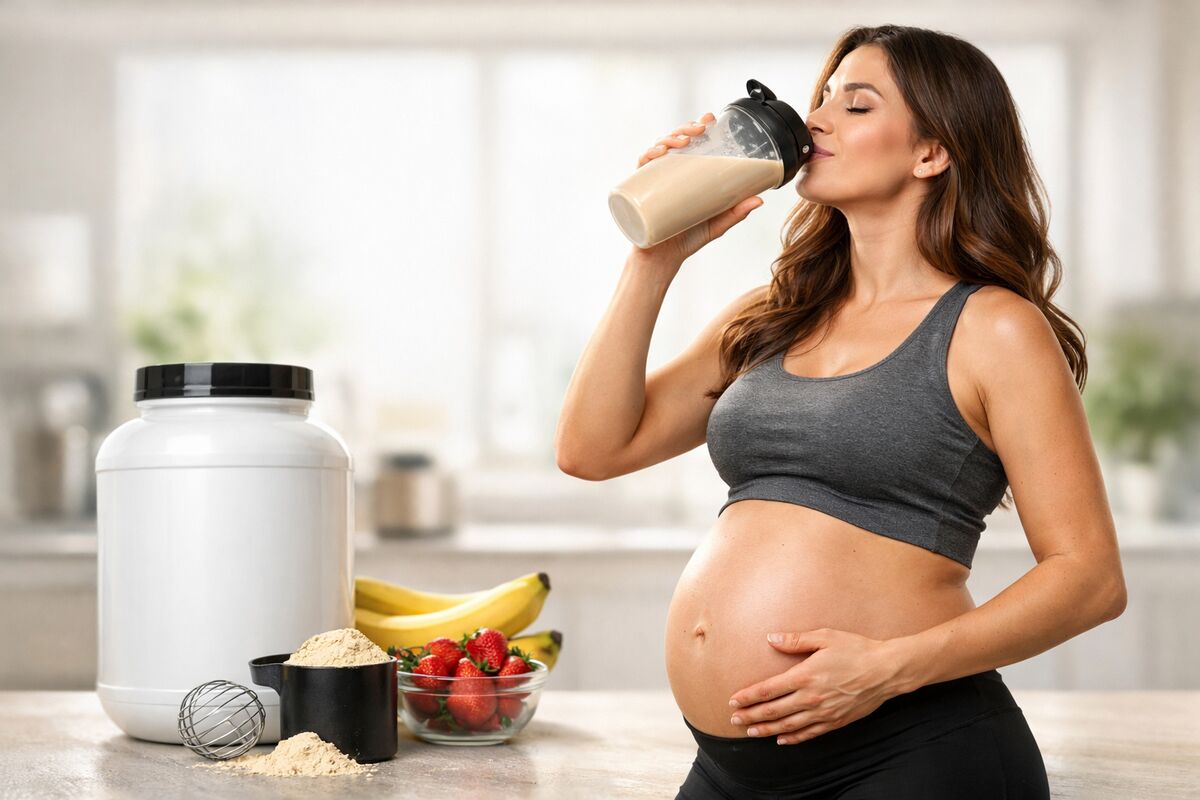 Mulher grávida com shake de proteína - whey protein na gravidez