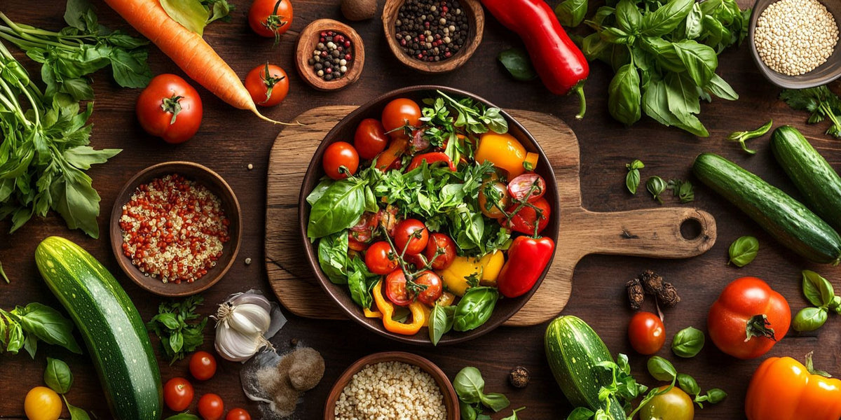 Salada vegetariana colorida - dieta vegetariana e suplementação